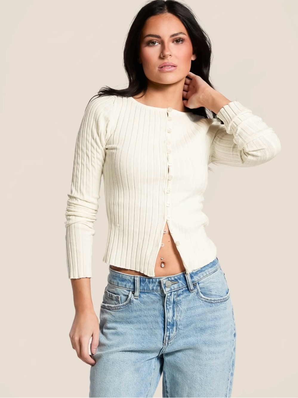 FREE PEOPLE Tilly Cardigan Ribbed Button-Front Long-Sleeve Top in Cream Sz L new